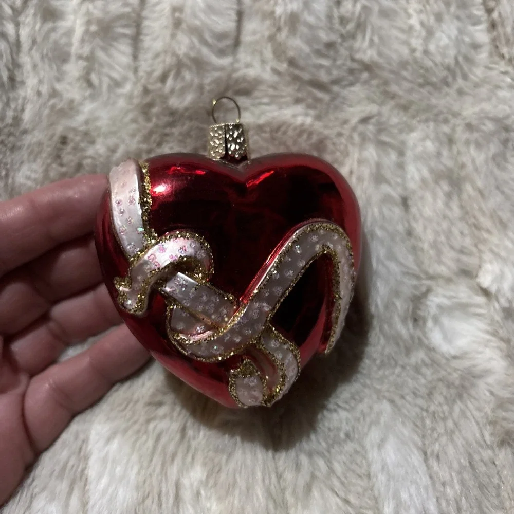 Blown Glass Red Heart Ornament Pink Ribbon Glitter